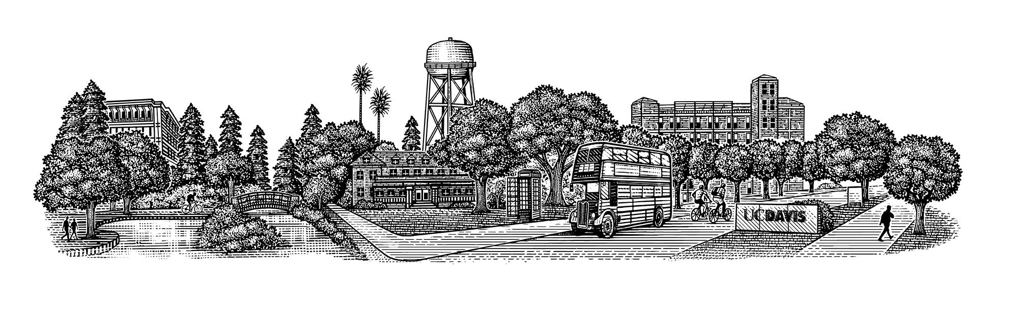 Pen-and-ink sketch of a small town skyline with bridge, trees, and water tower