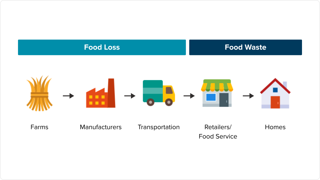 Infographic flowchart showing farms → manufacturers → transport → retailers/food service → homes; left "Food Loss", right "Food Waste"
