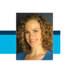Portrait photo of smiling curly-haired woman over cyan and navy graphic bars