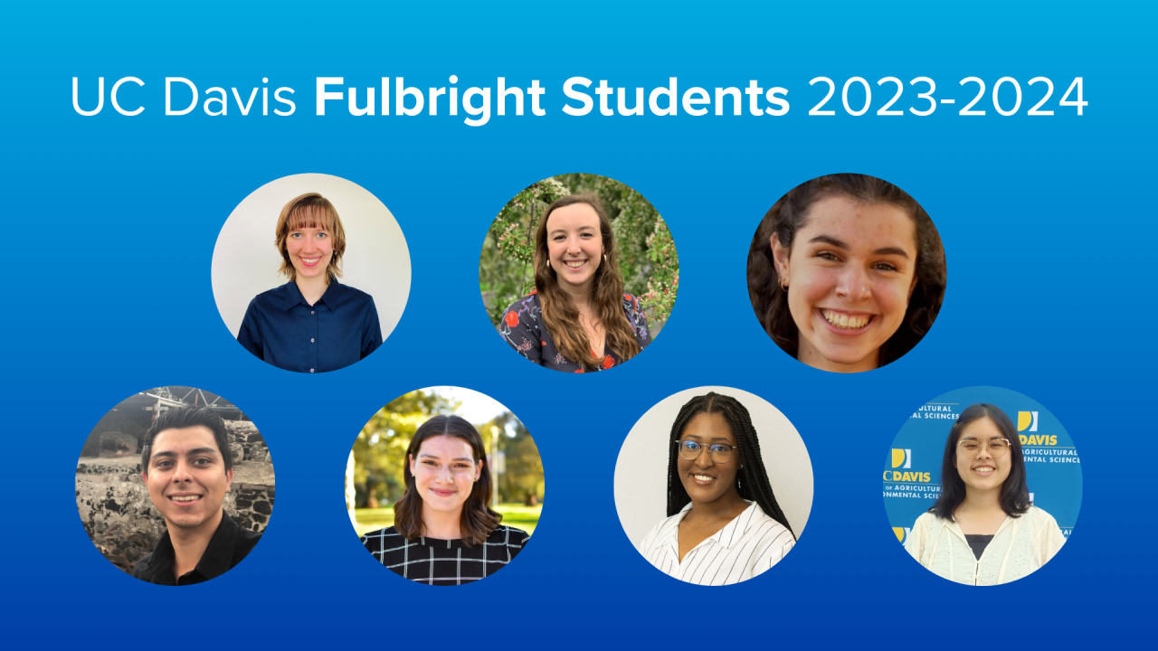 Text: UC Davis Fulbright Students 2023-2024 with photos of seven of the awardees
