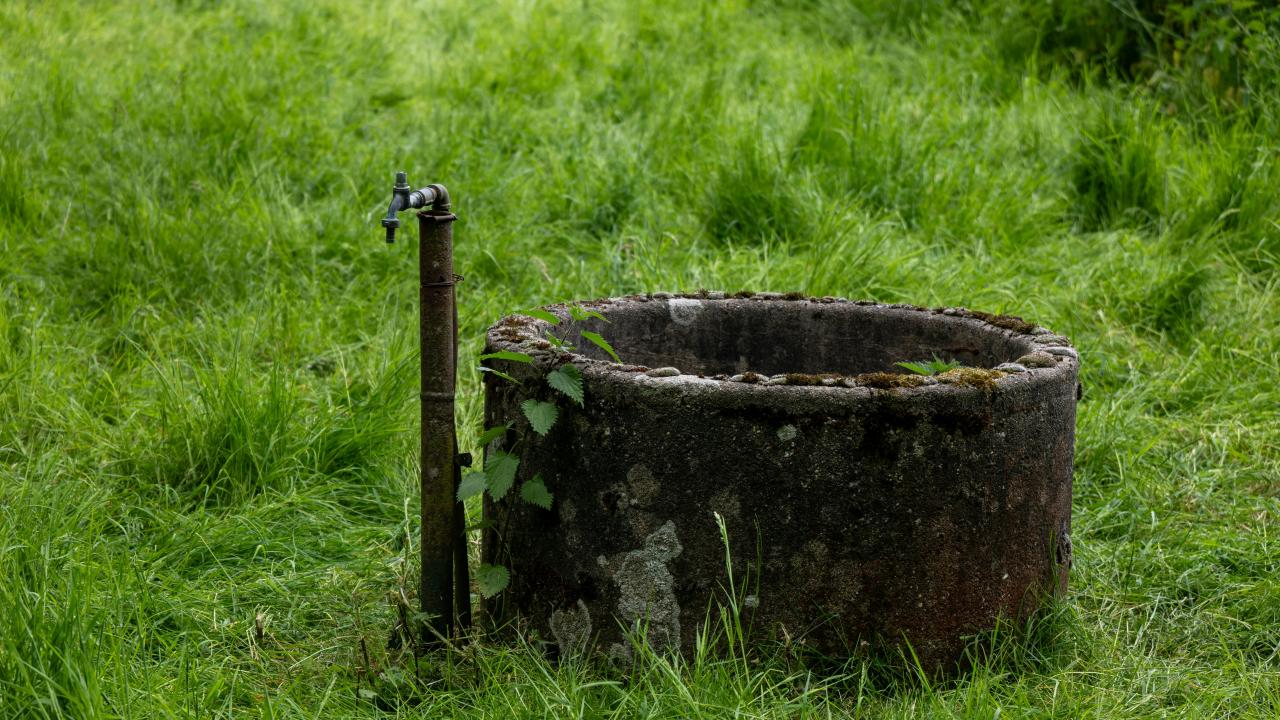 Mossy stone well with a rusted hand pump in a lush green grassy field
