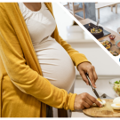 Collage: pregnant women, infant, clinician consult and hands with medication